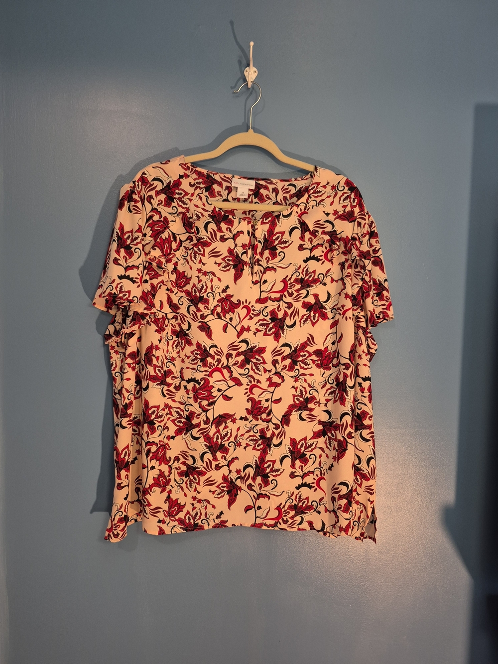 Liz Claiborne Cream Blouse with Red & Black Floral Motif